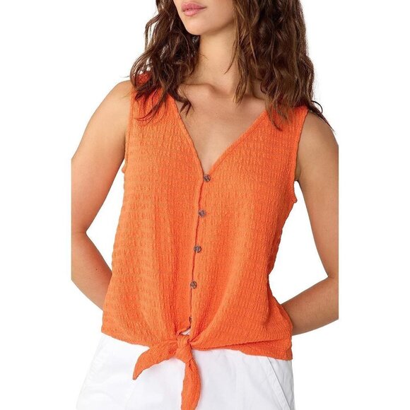 Sanctuary Link Up Tie Tee Orange Button Front Chrinkled Textured Tie Front Sz Lg - Picture 1 of 8